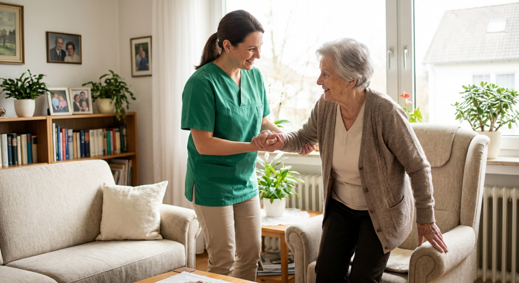 Ambulante Pflege zu Hause – Pflegekraft unterstützt Seniorin beim Aufstehen im Wohnzimmer und bietet sichere Mobilisation und persönliche Betreuung