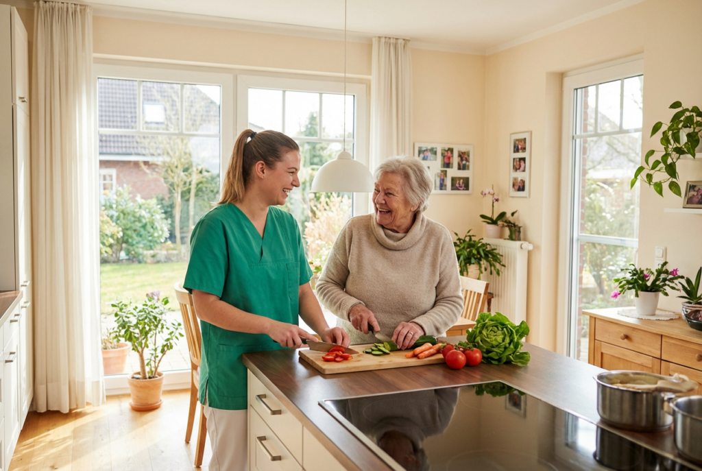 Pflegekraft unterstützt Seniorin beim gemeinsamen Kochen in der Küche – ambulante Alltagsbegleitung und hauswirtschaftliche Unterstützung für selbstbestimmtes Leben zu Hause