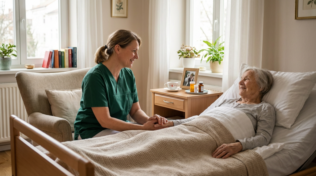 Pflegekraft sitzt am Bett einer Seniorin und hält ihre Hand – einfühlsame ambulante Krankenpflege und liebevolle Betreuung zu Hause in vertrauter Umgebung