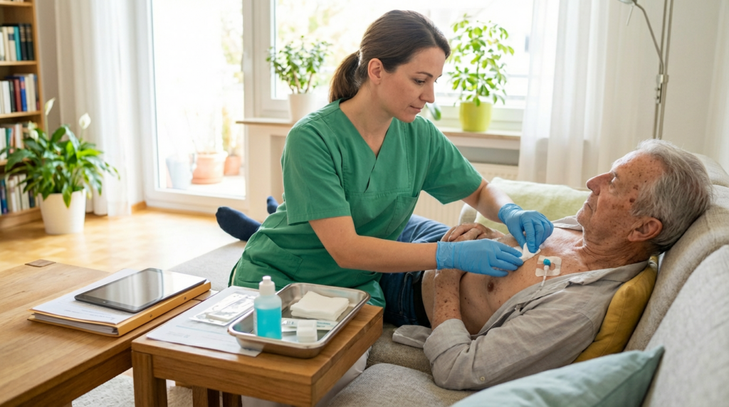 Ambulante Behandlungspflege zu Hause – Pflegefachkraft versorgt den Port eines Seniors auf dem Sofa und führt hygienisch eine medizinische Versorgung durch
