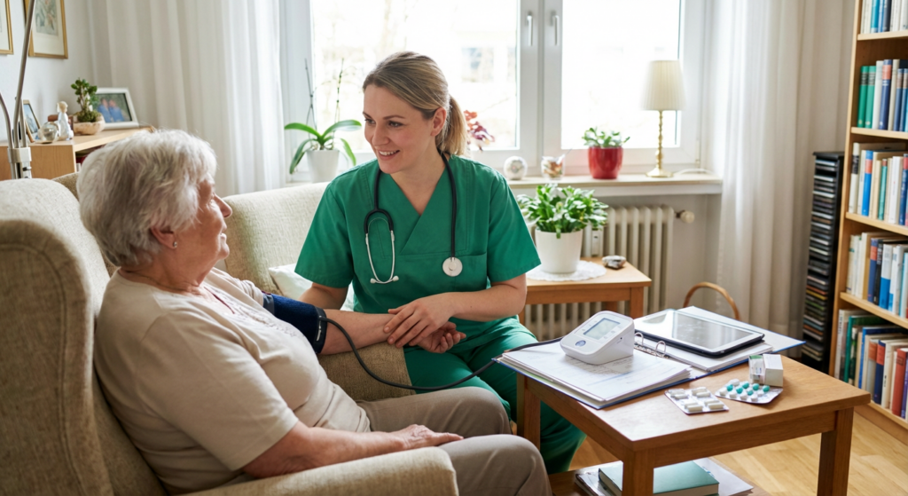 Pflegefachkraft misst einer Seniorin zu Hause den Blutdruck und spricht mit ihr – ambulante Krankenpflege und persönliche medizinische Betreuung im häuslichen Umfeld