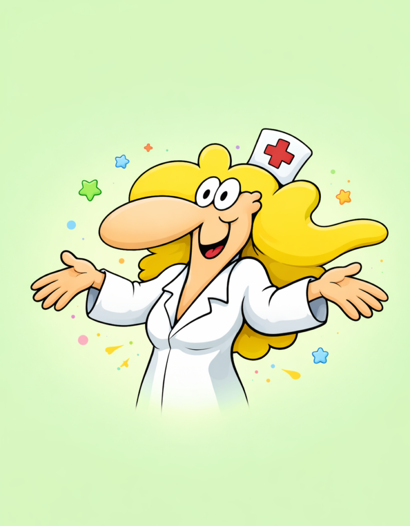 Comic-Maskottchen des Pflegedienstes Schäkel – freundliche Cartoon-Pflegekraft mit blonden Haaren und weißer Uniform als Symbol für ambulante Pflege und Betreuung in Minden