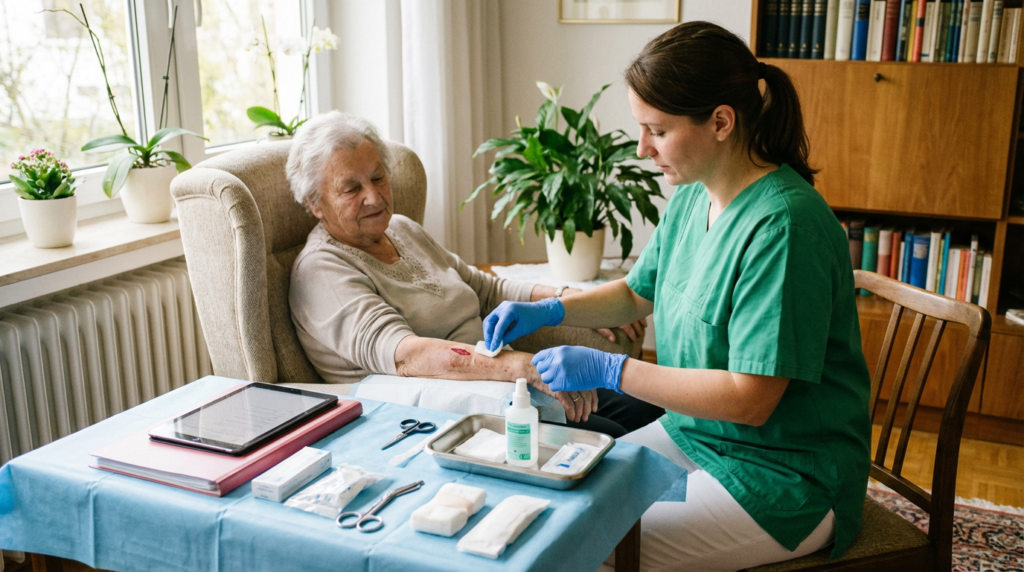 Ambulantes Wundmanagement zu Hause – Pflegefachkraft versorgt fachgerecht eine Wunde am Arm einer Seniorin und führt hygienisch den Verbandswechsel durch