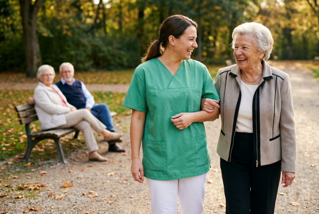 Pflegekraft begleitet Seniorin beim Spaziergang im Park – ambulante Betreuung und aktive Alltagsunterstützung für Mobilität, Lebensfreude und soziale Teilhabe im Alter