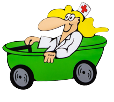 Maskottchen des Pflegedienstes Schäkel – Comic-Pflegekraft im grünen Auto als Symbol für ambulante Pflege und mobile Betreuung
