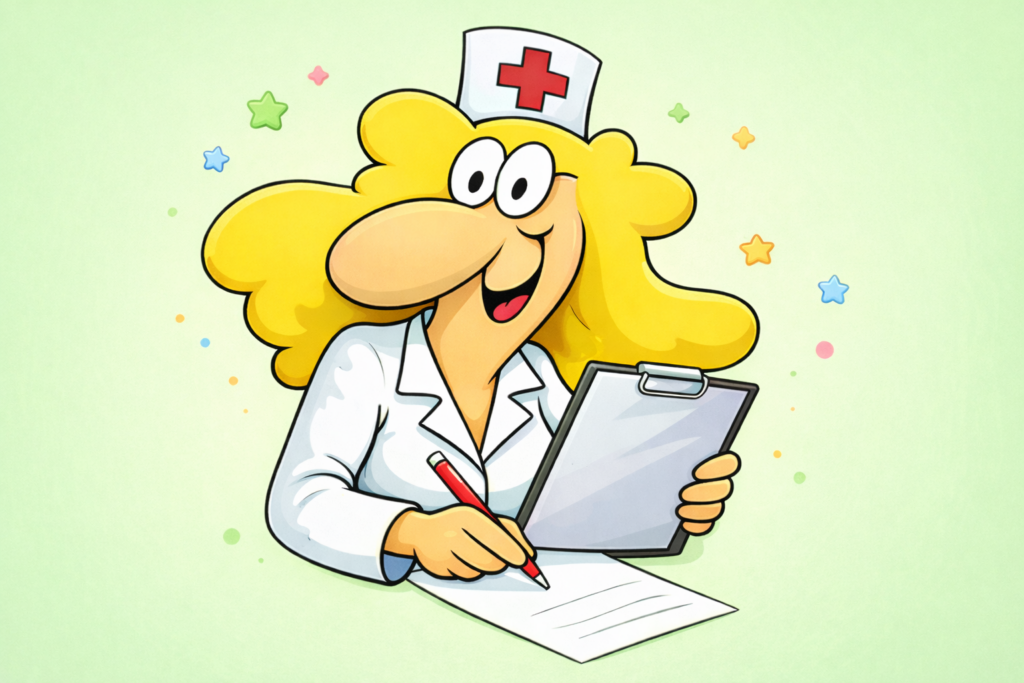 Cartoon-Illustration einer freundlichen Pflegefachkraft mit blonden Haaren und weißer Uniform, die lächelnd ein Klemmbrett ausfüllt, auf hellgrünem Hintergrund mit bunten dekorativen Elementen – Symbolbild für stellvertretende Pflegedienstleitung